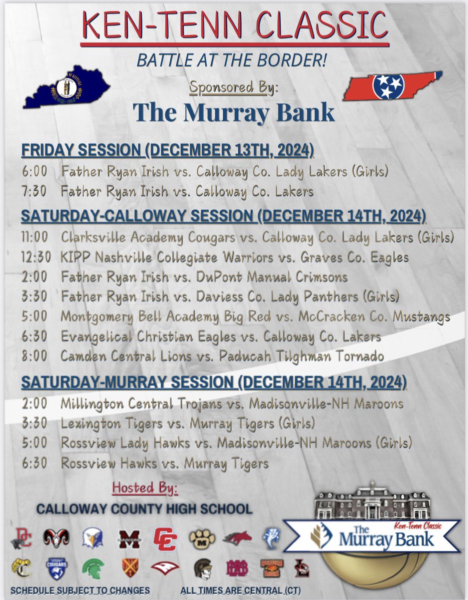 Calloway Co. Boys BB (@callowayboysbb) on Twitter photo The Ken-Tenn Classic tips off this Friday at The Jeff. Come out and support LakerNation. Sponsored by <a href="/TheMurrayBank/">TheMurrayBank</a>.
<a href="/dreamarlowe85/">Edward Alan Marlowe</a> <a href="/MLT_Sports/">Murray Ledger Sports</a> <a href="/TheAdamBWells/">Adam Wells</a> <a href="/NealBradley/">βπππ πΉπ£πππππͺ</a> <a href="/Racerinsider/">Lindy Suiter</a> <a href="/racercard/">Professor Springer</a> The Ken-Tenn Classic tips off this Friday at The Jeff. Come out and support LakerNation. Sponsored by <a href="/TheMurrayBank/">TheMurrayBank</a>.
<a href="/dreamarlowe85/">Edward Alan Marlowe</a> <a href="/MLT_Sports/">Murray Ledger Sports</a> <a href="/TheAdamBWells/">Adam Wells</a> <a href="/NealBradley/">βπππ πΉπ£πππππͺ</a> <a href="/Racerinsider/">Lindy Suiter</a> <a href="/racercard/">Professor Springer</a>