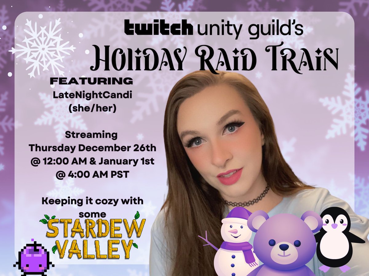 LateNightCandi_'s tweet photo. So excited to share the news! I am participating in the #TwitchUnity Holiday Raid Train! With over 170 streamers this raid train goes from December 21st - January 4th. Can't wait to see all the holiday cheer this event brings ๐โ๏ธโ๏ธ
#UnityHoliday2024 https://t.co/NWCrBtrpLb