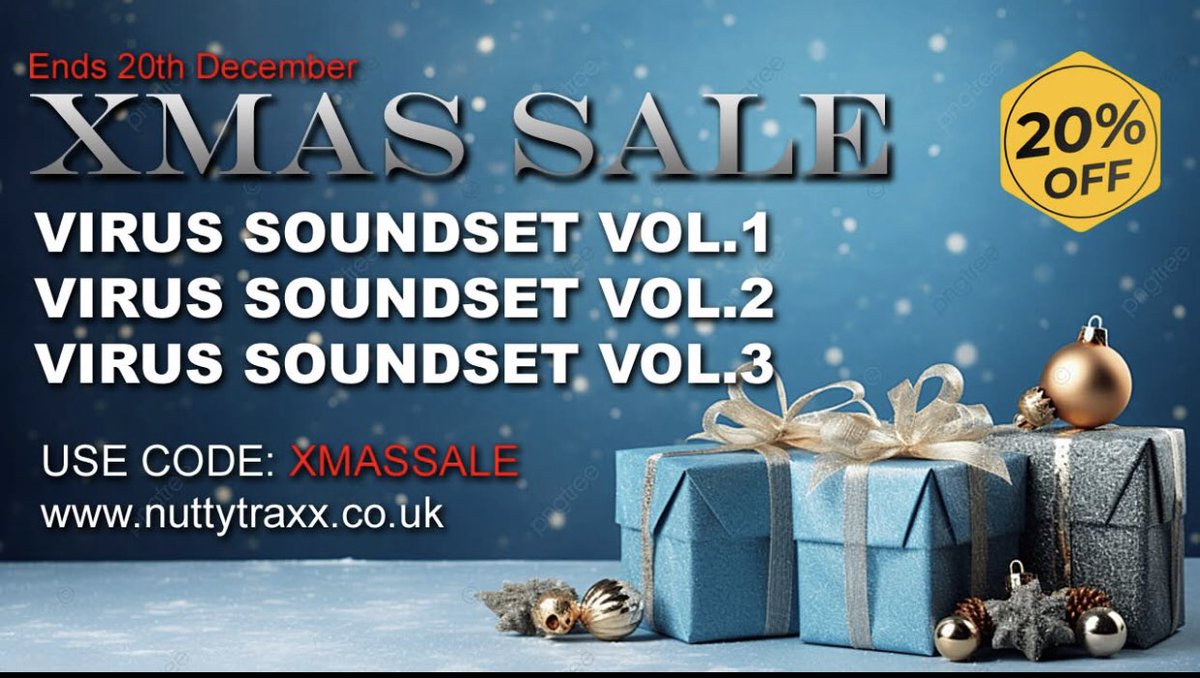 Xmas Sale 20% OFF 
Virus TI Soundsets Vol 1 - 3!!!
Get deals here: nuttytraxx.co.uk
Use code: XMASSALE
Ends: 20th Dec

#techno #hardstyle #producers