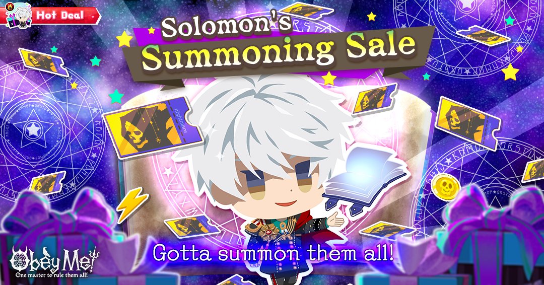 ObeyMeOriginal's tweet image. A selected Nightmare event is back for a limited time only!
Solomon&apos;s Summoning Sale is on now, so be sure to check out the great deal we have for you!
*To prevent Mammon from buying all of the stock, only one set per person permitted.

#Obeyme #obeymemasters #obeymejp #SWD