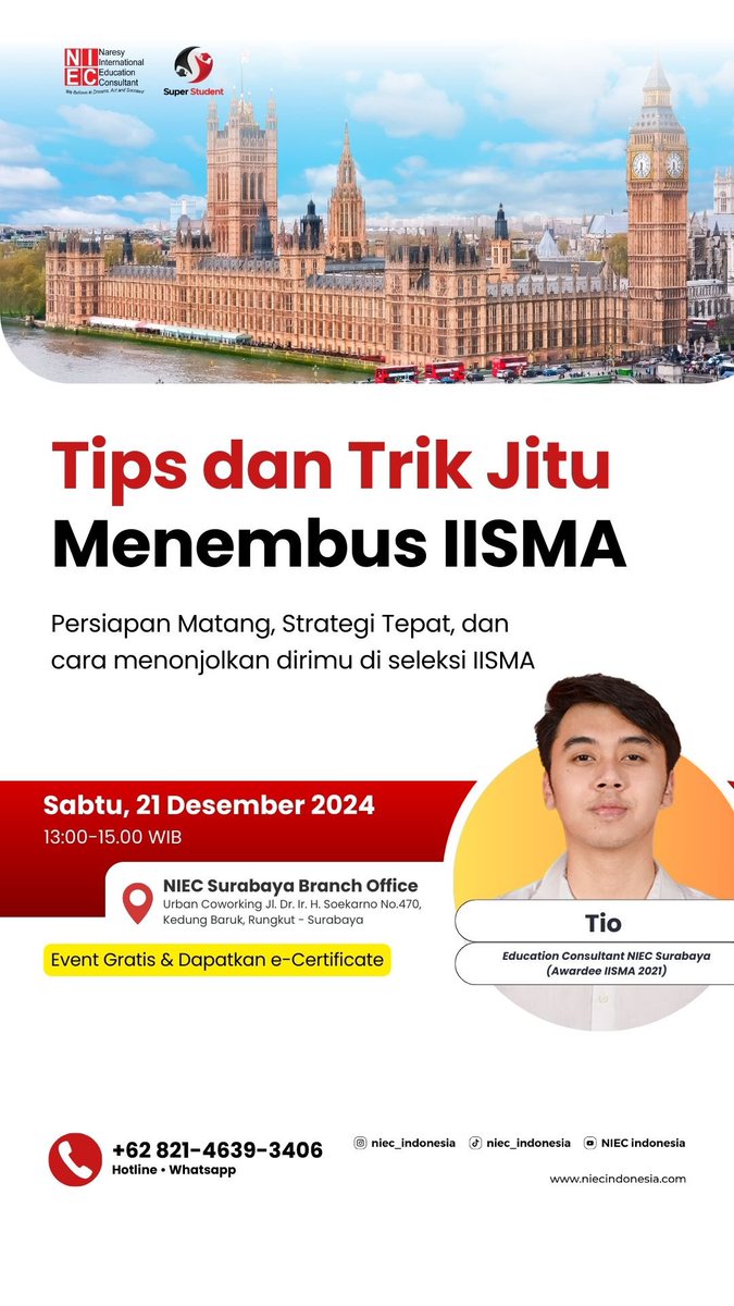 Yang mau lolos ikut IISMA ke luar negeri bisa cari tau info tips n trik nya di sini🥳
GRATISSSS

Yuk daftar langsung👇🏻
infosession.niecindonesia.com/detail/tips-da…

#iisma #caraditerimaiisma #studyabroad #kuliahkeluarnegeri