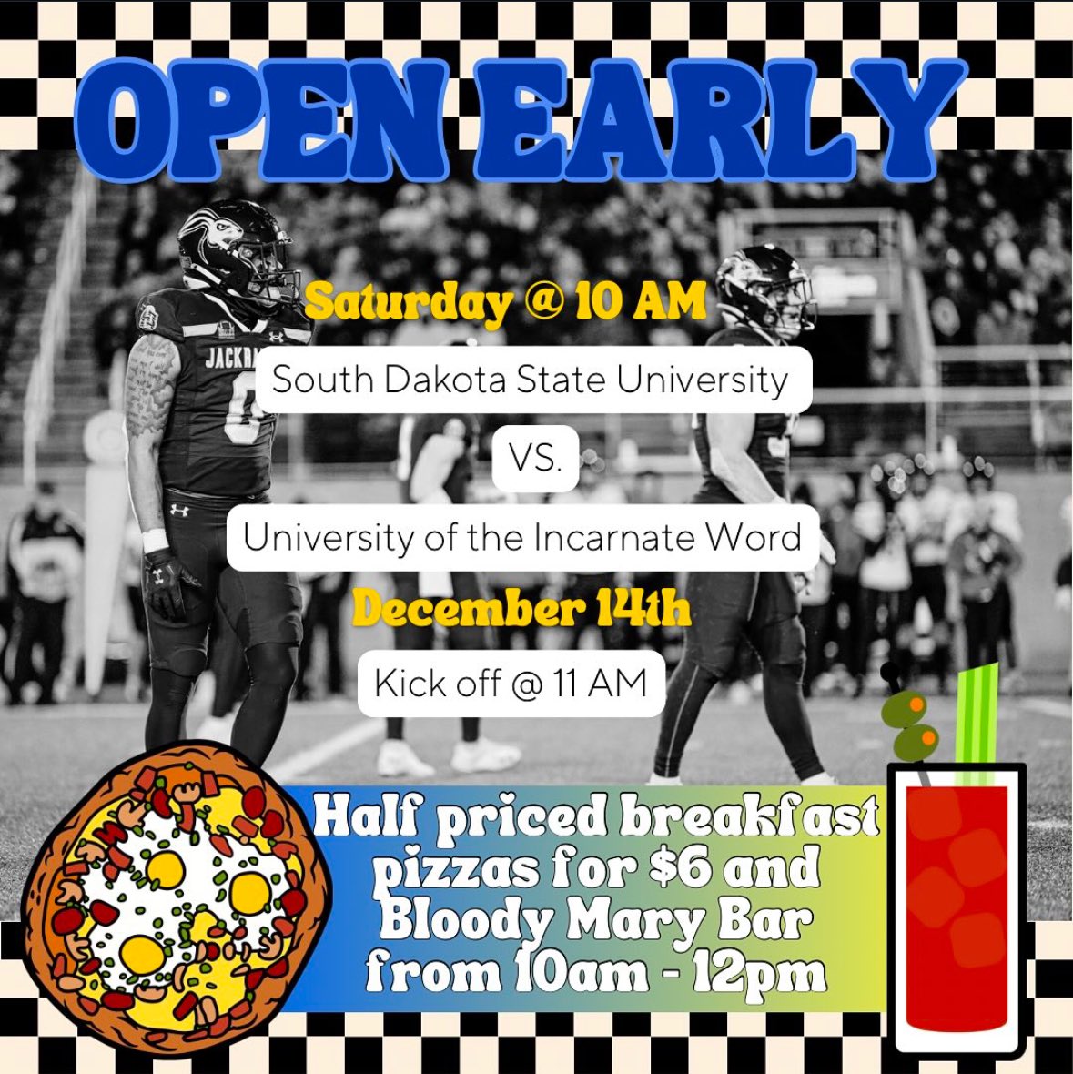 The_WildHare's tweet photo. Early kickoff calls for early fun! 🏈 Doors open at 10AM for the SDSU game, and we’ve got all the essentials:
🍕 Half-priced breakfast pizzas for just $6
🍹 Build-your-own Bloody Mary bar from 10AM-12PM^^^
Let’s get game day started right. See you at The Wild Hare! https://t.co/oIlSjZ2CUM
