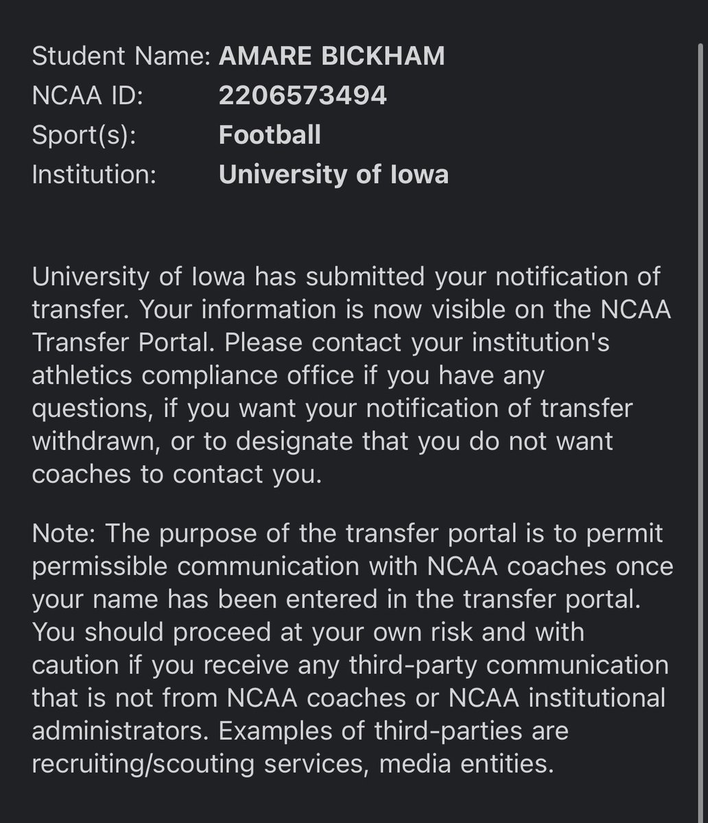 I’ve officially entered my name into the transfer portal with 3 years of eligibility. Thank You Iowa. Proverbs 3:5✝️