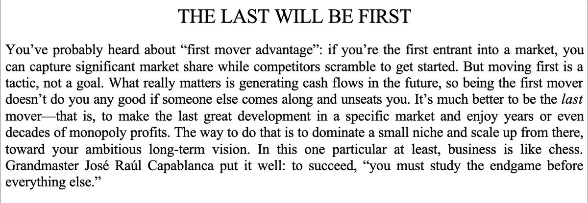“Last mover advantage” is one of the most under appreciated concepts in business. There is enormous value in creating the final great development in an established and profitable market. Start with a very deep wedge in a product with high pmf, and then scale far and wide until