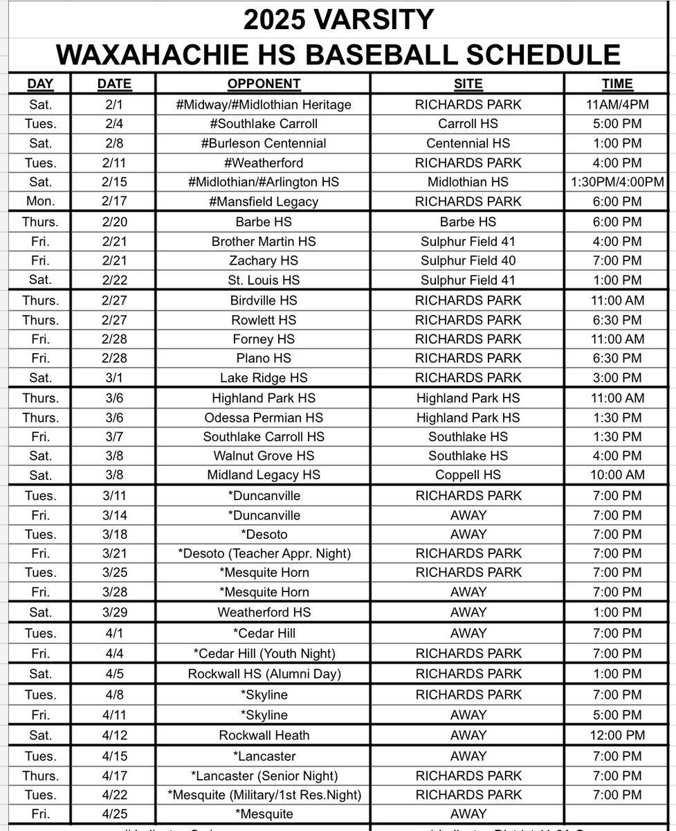 Waxahachie HS Indian Baseball (@hachieball1909) on Twitter photo 2025 Varsity Indian Baseball Schedule! #SweeptheShed #exceedtheexpectation #37days
<a href="/hachiesports/">Waxahachie ISD Athletics</a> <a href="/WaxahachieISD/">Waxahachie ISD</a> <a href="/RBI_Club/">Waxahachie Baseball</a> 2025 Varsity Indian Baseball Schedule! #SweeptheShed #exceedtheexpectation #37days
<a href="/hachiesports/">Waxahachie ISD Athletics</a> <a href="/WaxahachieISD/">Waxahachie ISD</a> <a href="/RBI_Club/">Waxahachie Baseball</a>