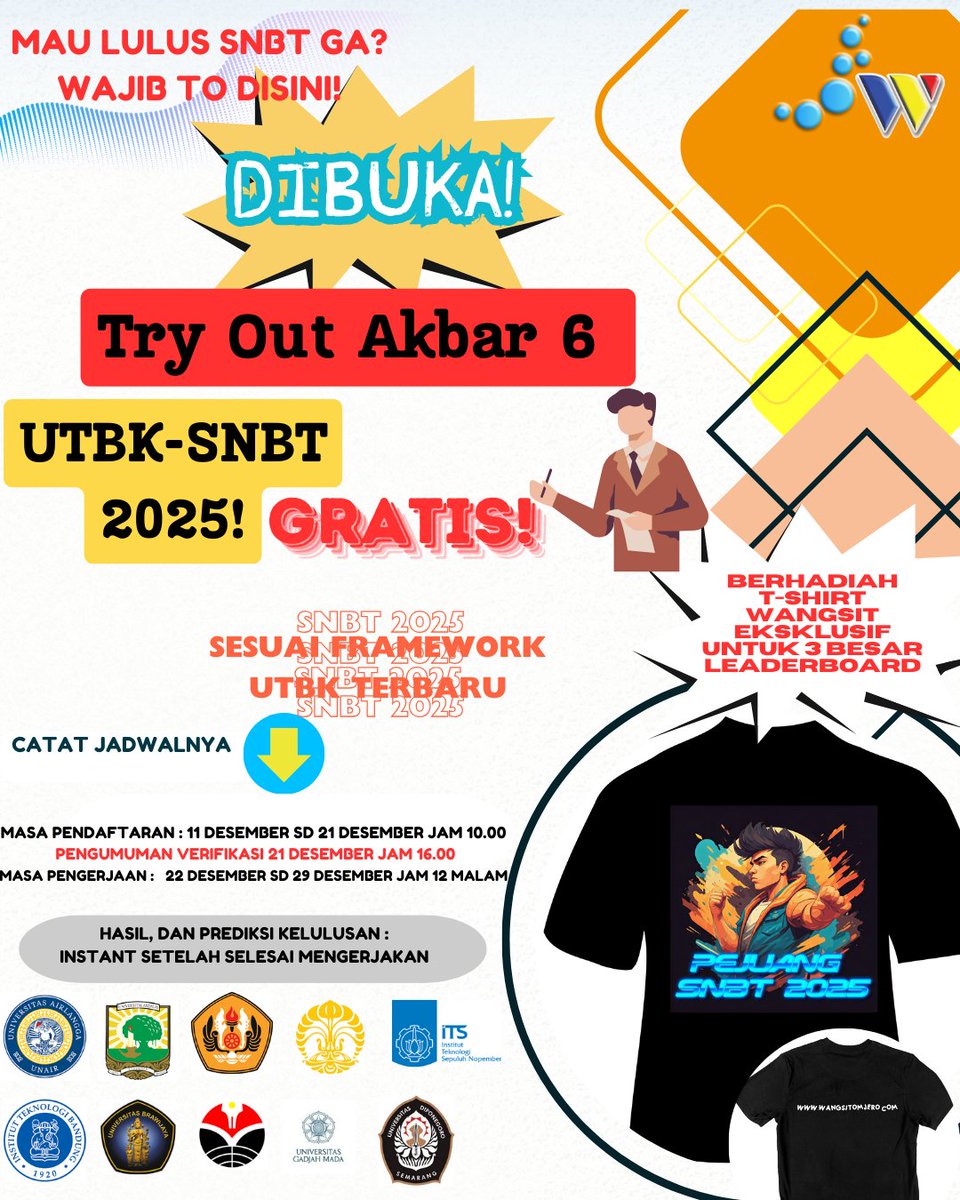 ToWangsitomjero's tweet photo. Dibuka Pendaftaran Try Out Akbar 6 Gratis!!
Sudah sesuai Framework UTBK Terbaru :
✅Masa Pendaftaran : 11 Desember sd 21 Desember jam 10
Pengumuman Verifikasi 21 Desember jam 16.00
✅ Masa Pengerjaan : 22 Desember jam 08.00 sd 29 Desember jam 12 malam.
#tryoutsnbt https://t.co/gToYLRyZu4