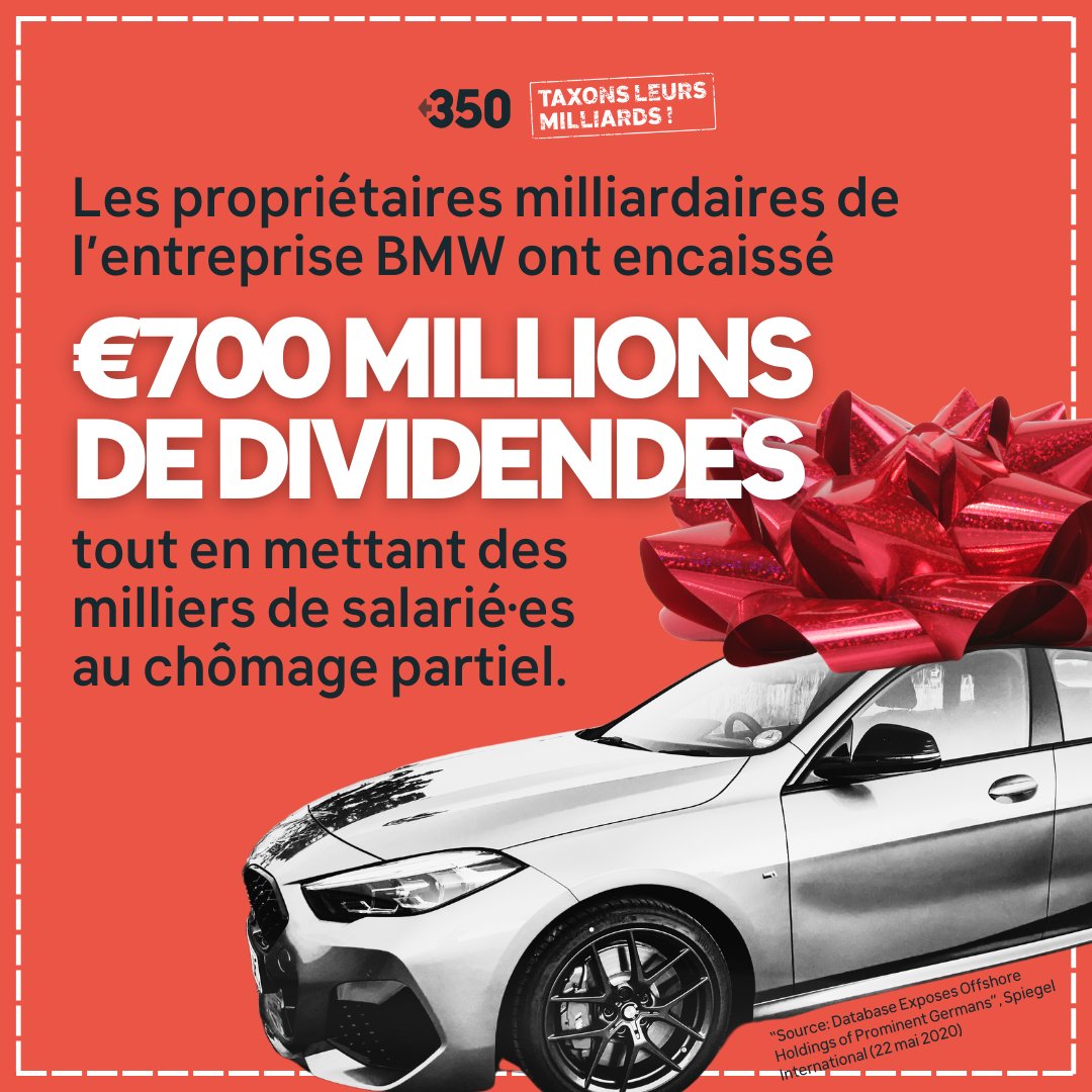 350France's tweet photo. 💰 Jour 11 du Calendrier de l'Avent #TaxonsLeursMilliards 💰
En pleine pandémie, les propriétaires milliardaires de BMW ont encaissé 700 millions d’💶 de dividendes… tout en mettant des milliers de salariés au chômage partiel 🤯
📢 Assez d’injustice : taxons les ultra-riches ! https://t.co/ZUapxgjMQQ