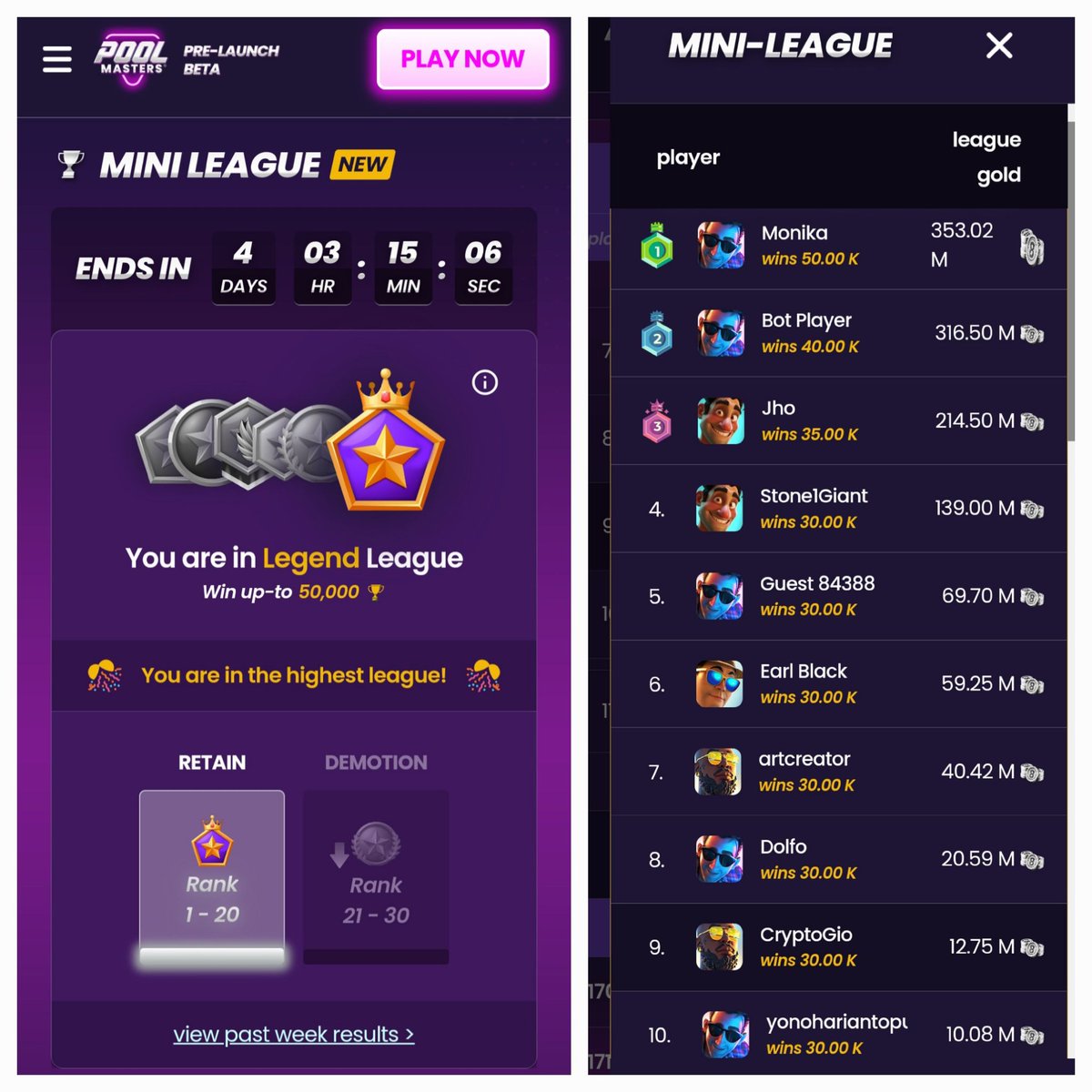 CryptoGi0's tweet image. WowowoW, guess who's Top 10 again 🎊📊
@poolmasters8 

- Mini League ends in 4 days max🗓⏳️
- Still in Legend League😄📯
- Top 5 next goal?😈🪄

Need some better Cue's or Upgrades🫠🤣
#PoolMasters #Web3Gaming #P2A #MiniLeague #Leaderboard #Snookers