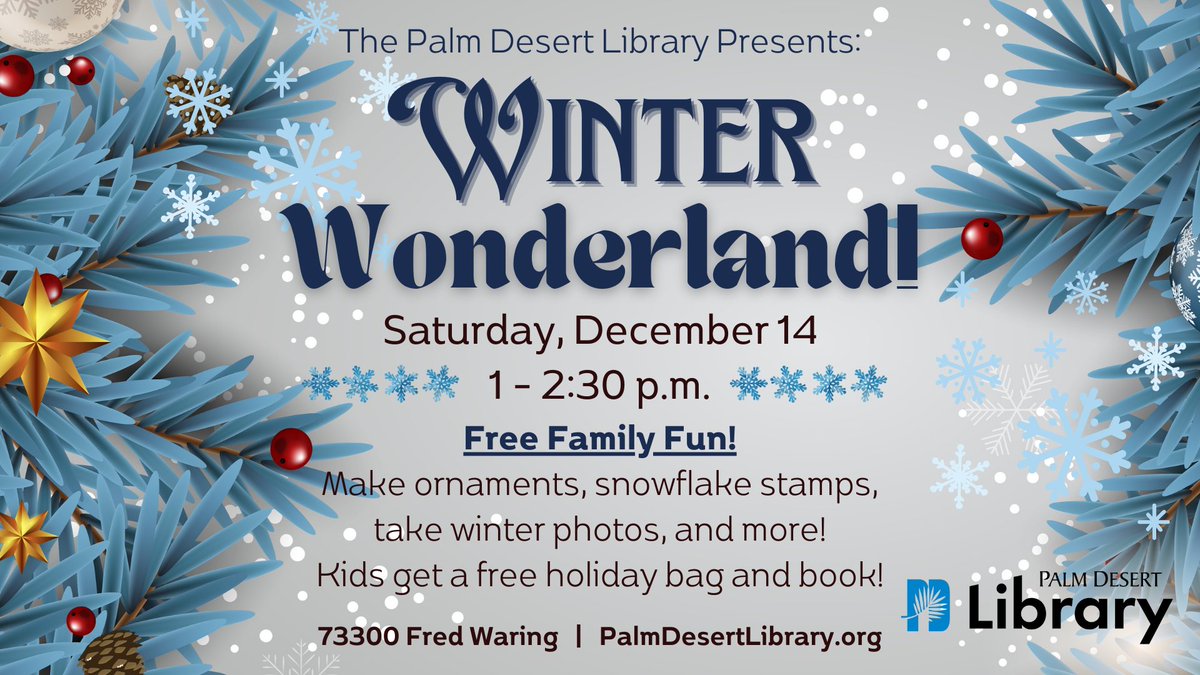 Embrace the magic of the holiday season at the Palm Desert Library, with a Peanuts-themed Winter Wonderland Party, this Saturday, December 14, from 1 - 2:30 p.m.! Perfect for the kids!

73300 Fred Waring. For more info, visit: palmdesertlibrary.org/.../winter-won…
#palmdesert #publiclibrary