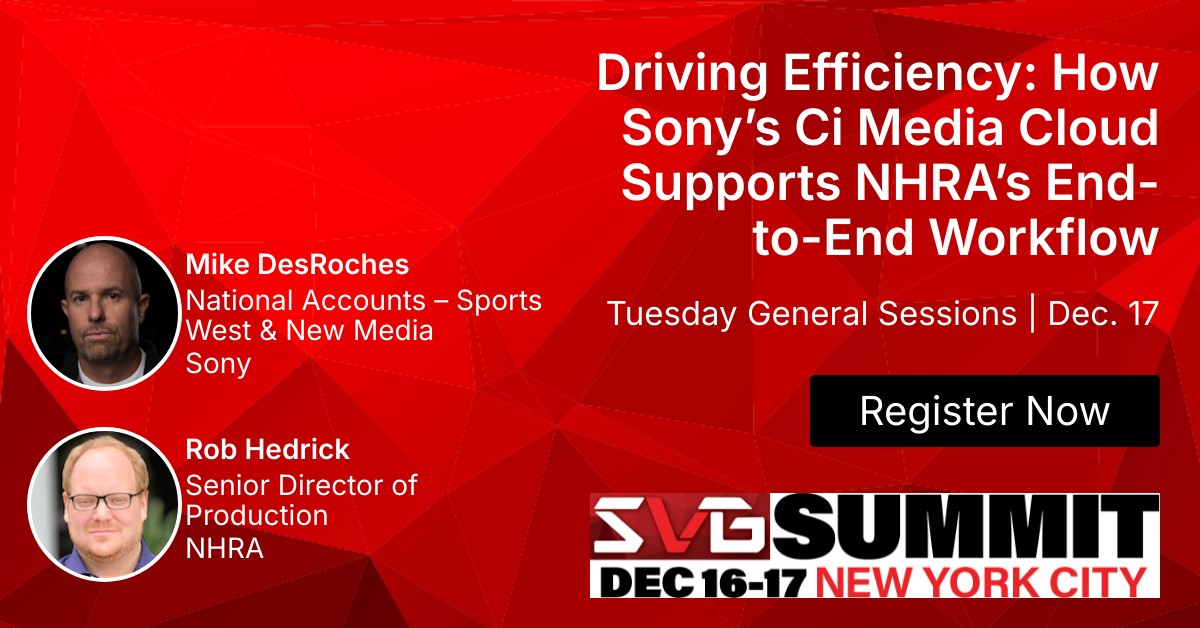 SonyProUSA's tweet photo. The #SVGSummit is next week! #TeamSony's Mike DesRoches & the @NHRA's Rob Hedrick will discuss how the NHRA utilizes Sony's Ci Media Cloud for their production requirements. Don’t miss this special presentation on 12/17/24 @ 2pm ET. https://t.co/PAeBcsXVxC @sportsvideo https://t.co/orZjqvTzW5