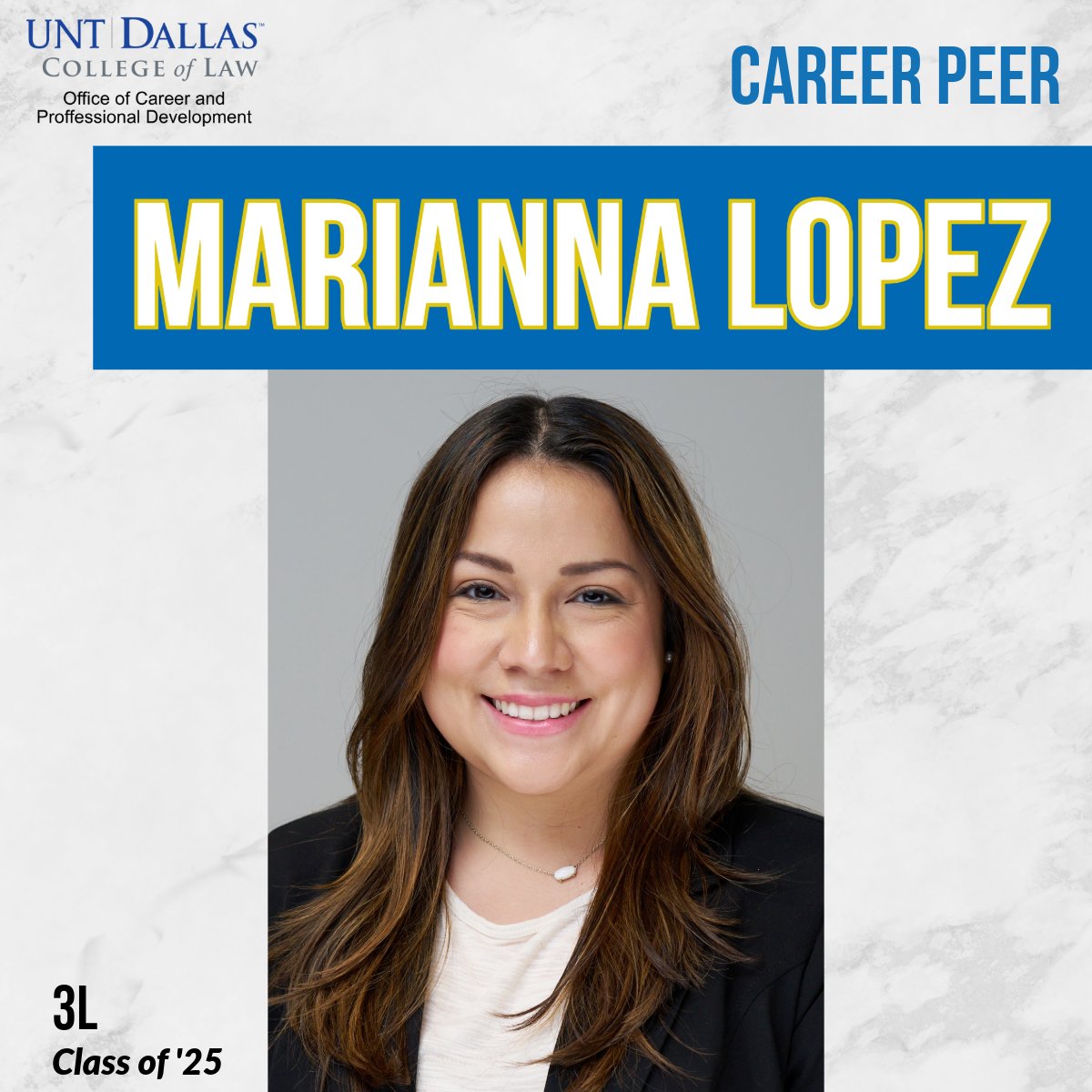 Meet Marianna Lopez (3L, Class of 2025)! 🏛️
A leader in HLSA &amp; member of the National Mock Trial Team, Marianna’s externships include roles in animal cruelty prosecution. ⚖️ #studentspotlight #careerdevelopment #lawyerlife #studentsuccess #law #UNTDallascollegeoflaw #hlsa #UNTD