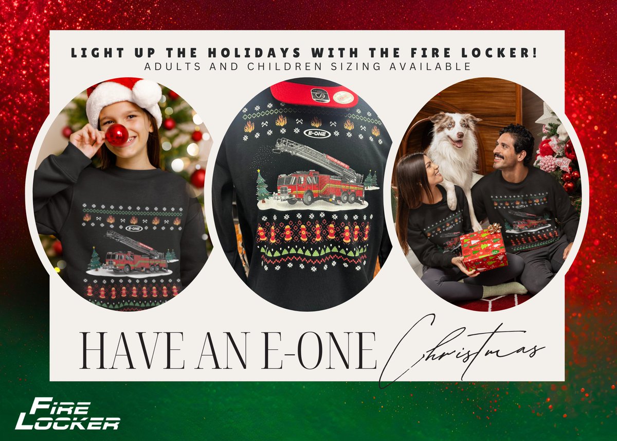 EONEFireLocker's tweet photo. There is nothing UGLY about this awesome E-ONE Christmas sweater! Get matching ones for your and your kids at https://t.co/sGqkYGKvx3! Limited quantity available! #EONEstrength #eonefiretrucks #firetruck #firefighter #christmassweater #ChristmasGifts https://t.co/PMuzkEIHD6