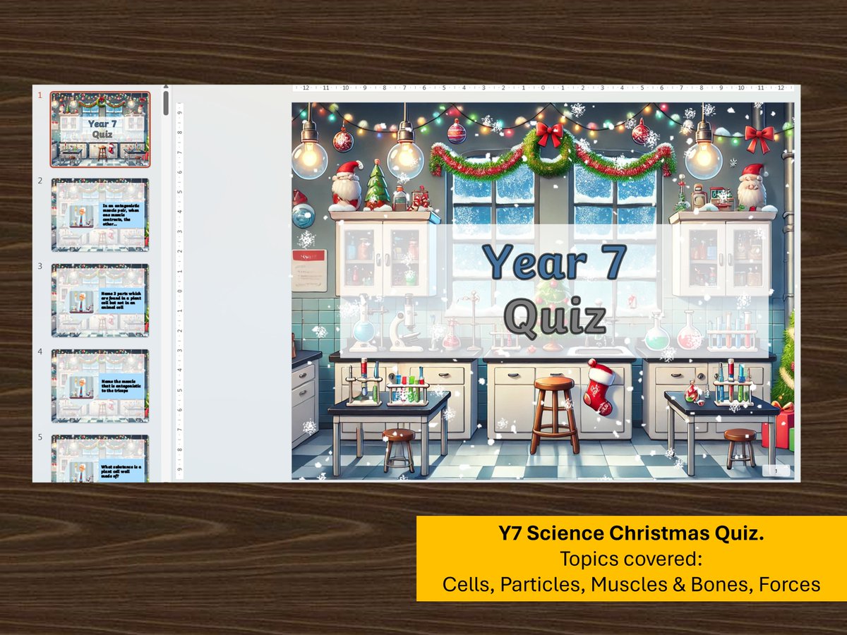 Year 7 Science Christmas Quiz - 75 questions covering: Cells, Particles, Muscles &amp; bones, Forces
Editable PPT file so you can add/ remove questions.
Can be used as a MWB quiz, a pub-quiz, quick fire etc.
tes.com/resource-detai…