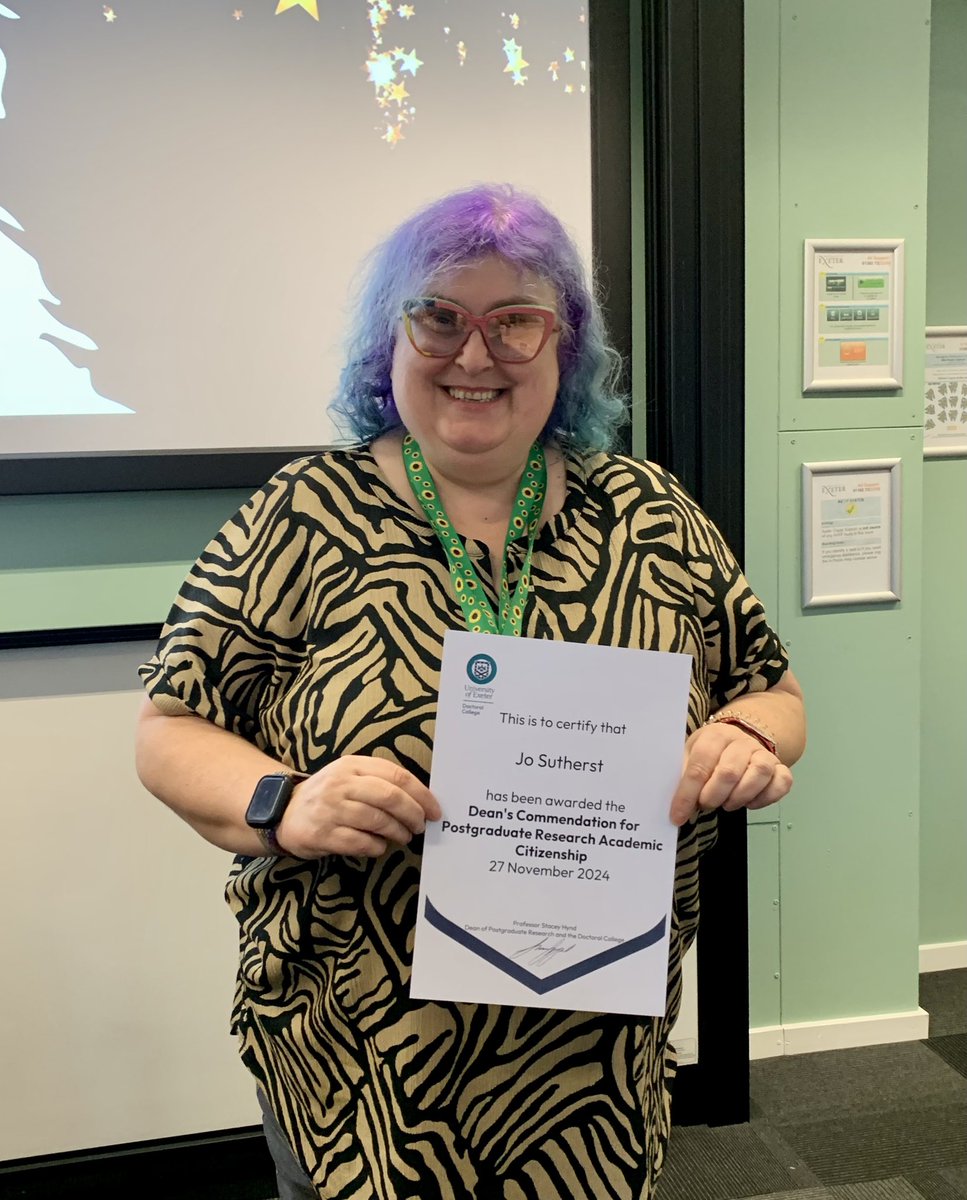 JoSutherst's tweet photo. Thrilled to have collected my Dean’s Commendation for PGR Academic Citizenship on Monday. This was presented by the Dean of @ExeterDoctoral , Professor Stacey Hind. I would like to thank those who nominated me.  I am so blessed and grateful to be recognised in this way. https://t.co/XjA9I2fgyY