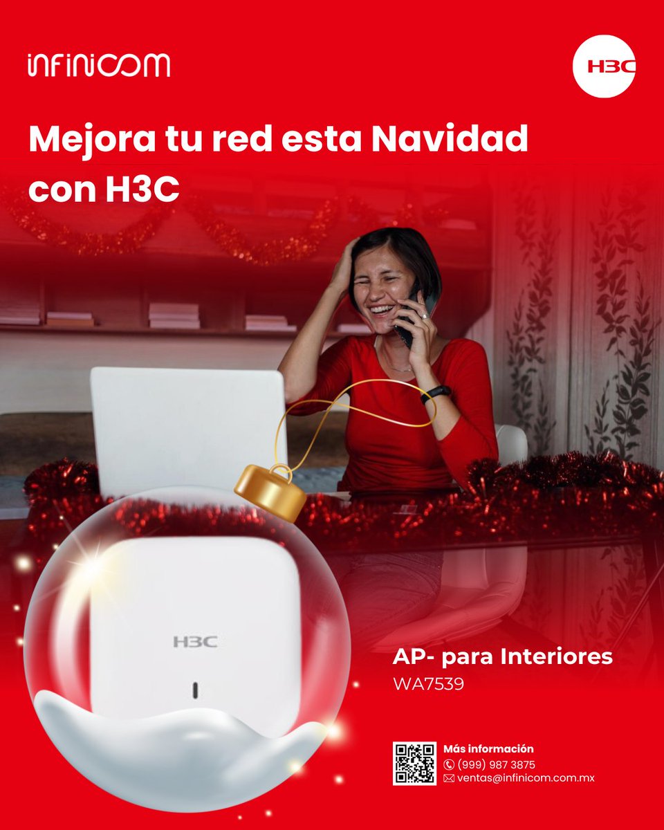 SInfinicom's tweet image. Esta Navidad, lleva tu red al siguiente nivel con el H3C WA7539, el Access Point de interiores diseñado para ofrecer velocidad y conectividad excepcionales. 🎄✨

¡Aprovecha nuestras promociones navideñas!
Contáctanos y lleva tu red al siguiente nivel.

#NavidadConectada