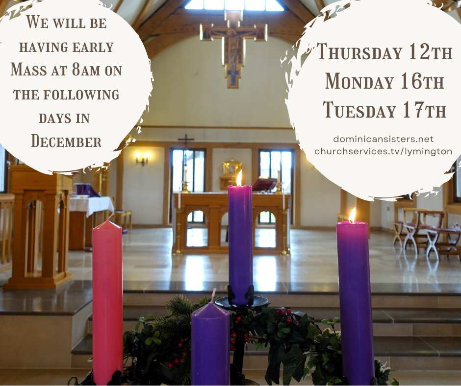 DomSrStJoseph's tweet image. Apologies for the late notice, but Mass in our Priory Chapel tomorrow will be at the earlier time of 8am, following Morning prayer. Please note that we will also be having early Masses on Monday 16th and Tuesday 17th December next week.

#stdominicspriory #masstimes #notice