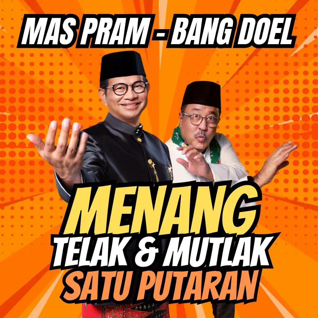 Alhamdulillah,,,, mas Pram bang Doel menang telak dan mutlak satu putaran 

Selamat bekerja mas pram <a href="/pramonoanung/">Pramono Anung (IG : @pramonoanungw)</a> bang Doel, selamat berbahagia warga Jakarta, telah memiliki Gubernur dan Wakil Gubernur baru... 

#JakartaMenyala