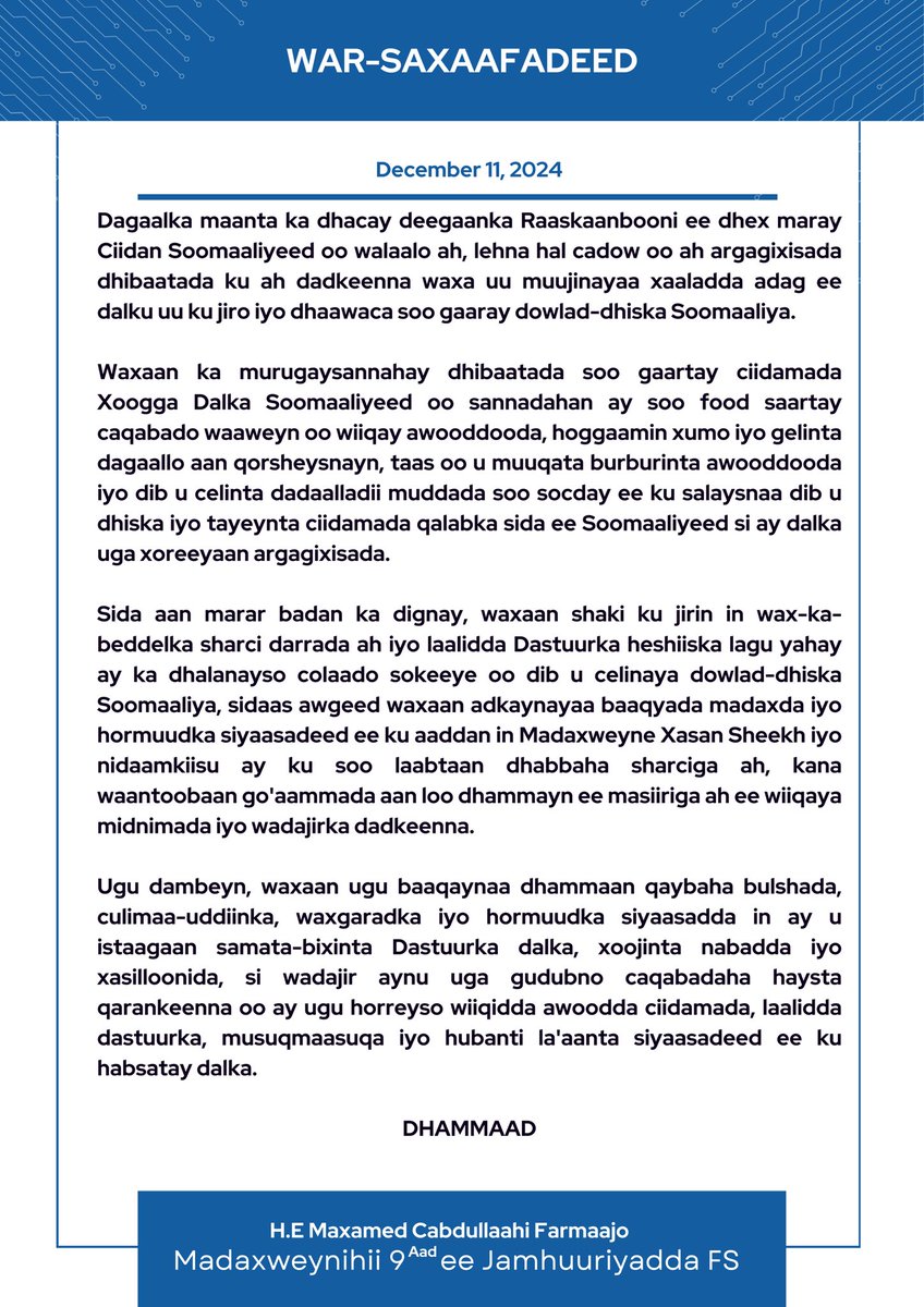 M_Farmaajo's tweet photo. Dagaalka maanta ka dhacay deegaanka Raaskaanbooni ee dhex maray Ciidan Soomaaliyeed oo walaalo ah, lehna hal cadow oo ah argagixisada dhibaatada ku ah dadkeenna waxa uu muujinayaa xaaladda adag ee dalku uu ku jiro iyo dhaawaca soo gaaray dowlad-dhiska Soomaaliya. https://t.co/0bXepoTw45