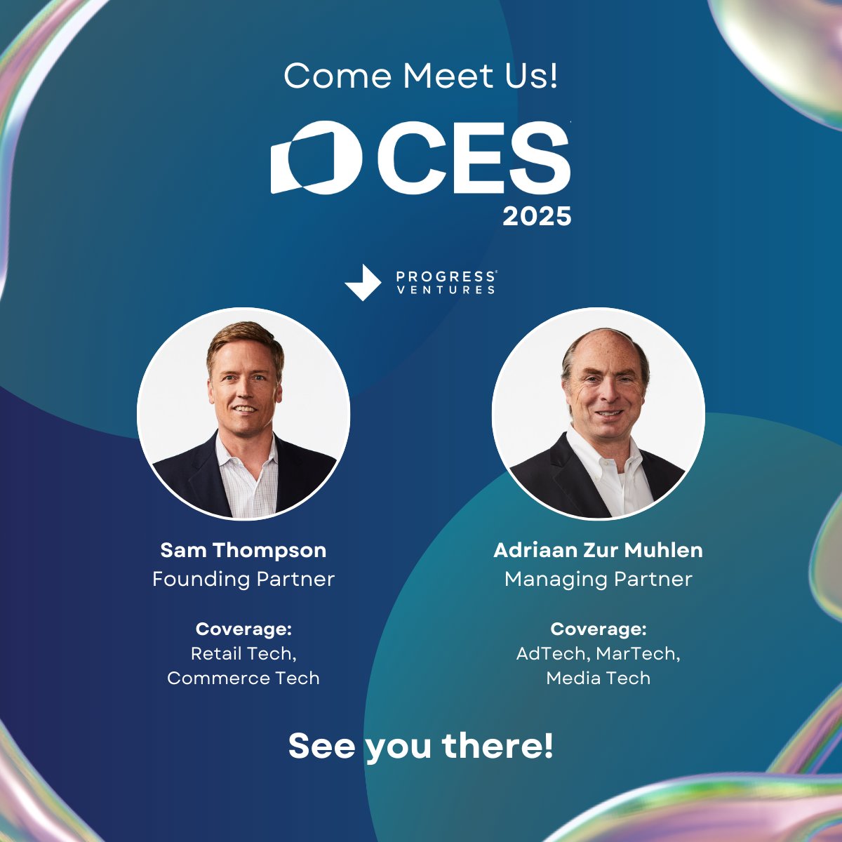 Progress Ventures takes on CES! Founding Partner Sam Thompson brings deep expertise in Retail and Commerce Tech, while Managing Partner Adriaan Zur Muhlen offers unmatched insights into AdTech, MarTech, and market trends. 💡

Let's connect—DM us to schedule a conversation!