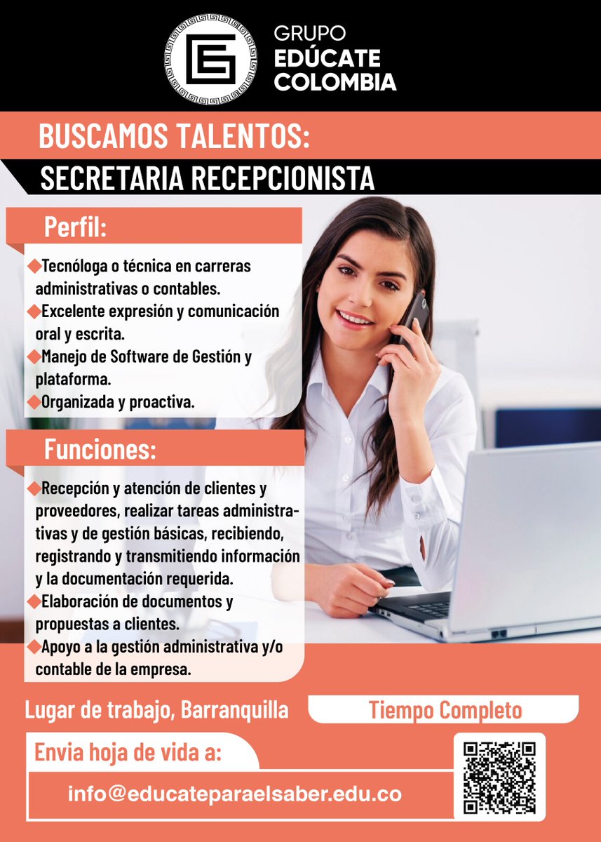 GrupoEducateCol's tweet photo. ¡Grupo Educate Colombia busca Secretaria Recepcionista! 💼 Requisitos: carrera administrativa/contable, excelente comunicación, manejo de software.
¿Tienes el perfil? Envía tu CV a info@educateparaelsaber.edu.co
Ubicación: Barranquilla. Contrato: Tiempo completo. https://t.co/2BxB3Nv0ht