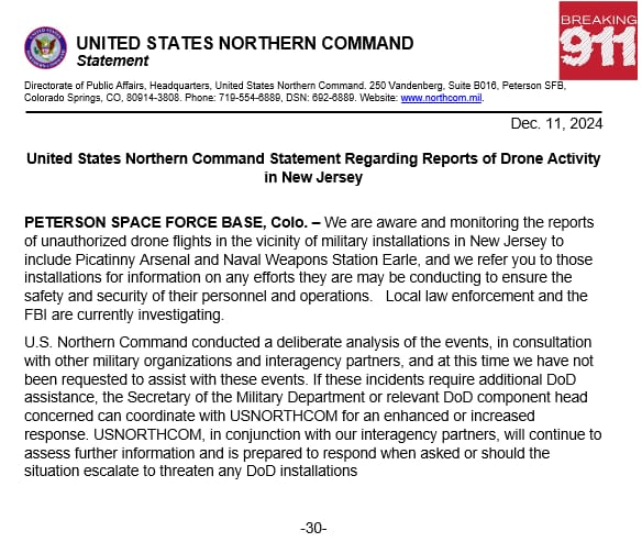 Breaking911's tweet image. DRONE UPDATE FROM US NORTHERN COMMAND: We have conducted a deliberate analysis of the events, in consultation with other military organizations and interagency partners... at this time we have not been requested to assist with these events."