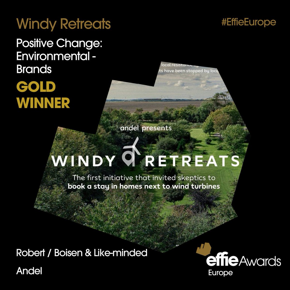 Effie Awards Europe (@effieeurope) on Twitter photo 🥇 Gold Award in Positive Change: Environmental - Brands goes to <a href="/robertboisen/">Robert/Boisen</a> for "Windy Retreats" (Client: Andel). How can the wind shape tourism? This campaign turned Denmark's windy conditions into a call for clean energy awareness. A groundbreaking campaign! #EffieEurope 🥇 Gold Award in Positive Change: Environmental - Brands goes to <a href="/robertboisen/">Robert/Boisen</a> for "Windy Retreats" (Client: Andel). How can the wind shape tourism? This campaign turned Denmark's windy conditions into a call for clean energy awareness. A groundbreaking campaign! #EffieEurope