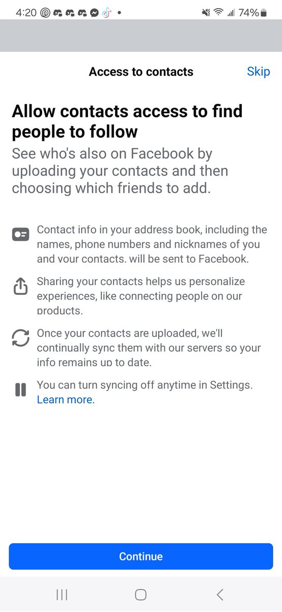 authorcasmorgan's tweet photo. @facebook Hey @Facebook - my phone app is stuck on this page. It will not let me skip or deny access. It just refreshes the page. Logging out and reinstalling the app did not work. https://t.co/yejQxfKe1z