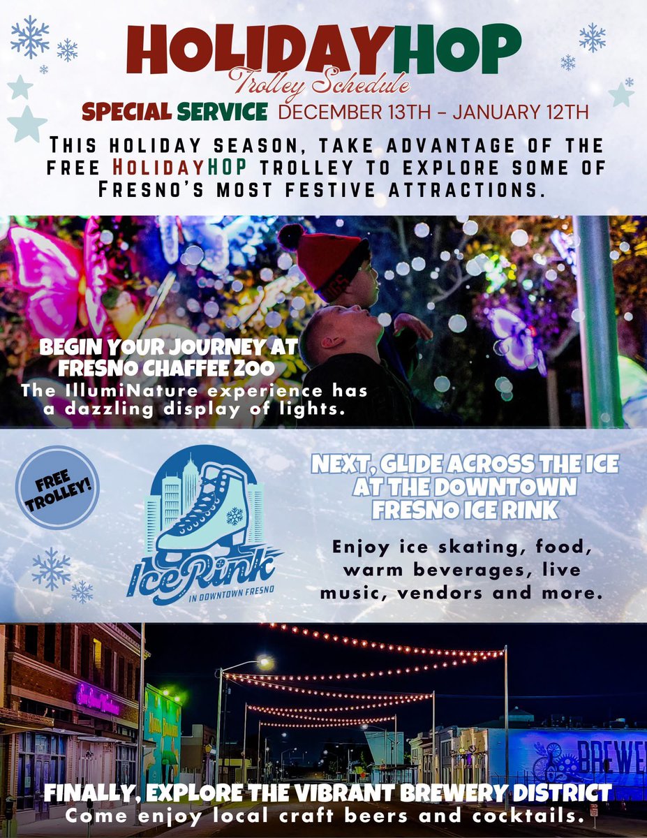 Starting FRIDAY, hop on the FREE HolidayHop trolley to explore some of Fresno's most festive attractions! 

The special service is available December 13th - January 12th. 
Learn more: fresno.gov/generalservice…