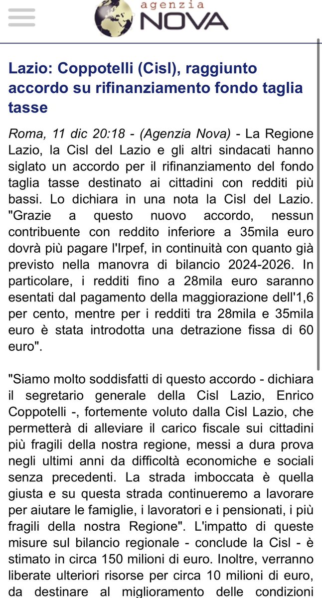 Cisl_Lazio's tweet photo. Coppotelli raggiunto accordo su rifinanziamento fondo taglia tasse
"Grazie a questo nuovo accordo, nessun contribuente con reddito inferiore a 35mila euro dovrà più pagare l'Irpef, in continuità con quanto già previsto nella manovra di bilancio 2024-2026. https://t.co/96QUOPOnqN