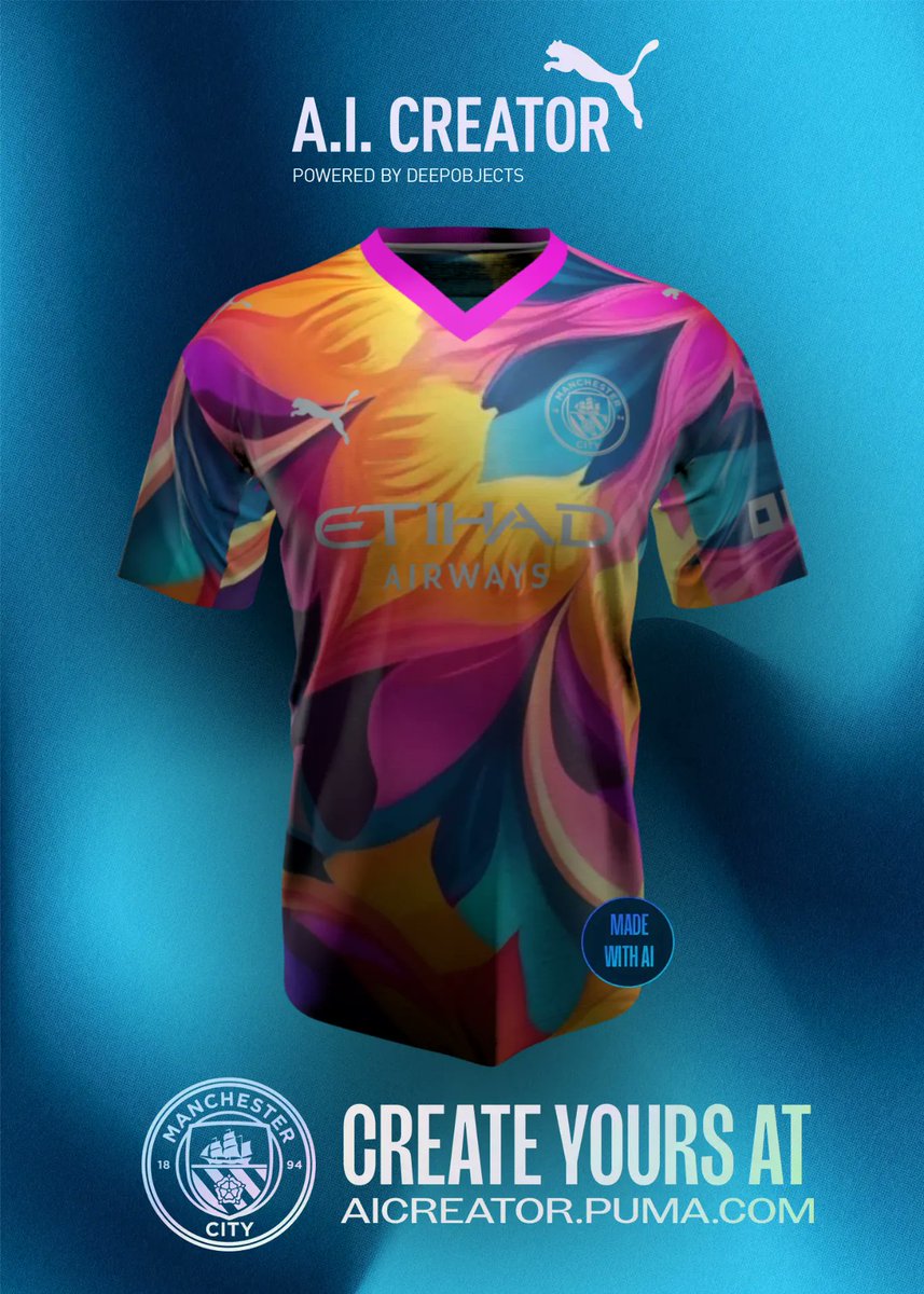 snazzy_snazz's tweet photo. Just designed my @ManCity kit with the @DeepObjects AI tool. It’s so good, I’m worried they’ll ask me to manage the team next. But Pep, don’t worry—your job’s safe. For now. 😏⚽ #DEEPOBJECTS #AICREATOR https://t.co/C5B7l4z4wM