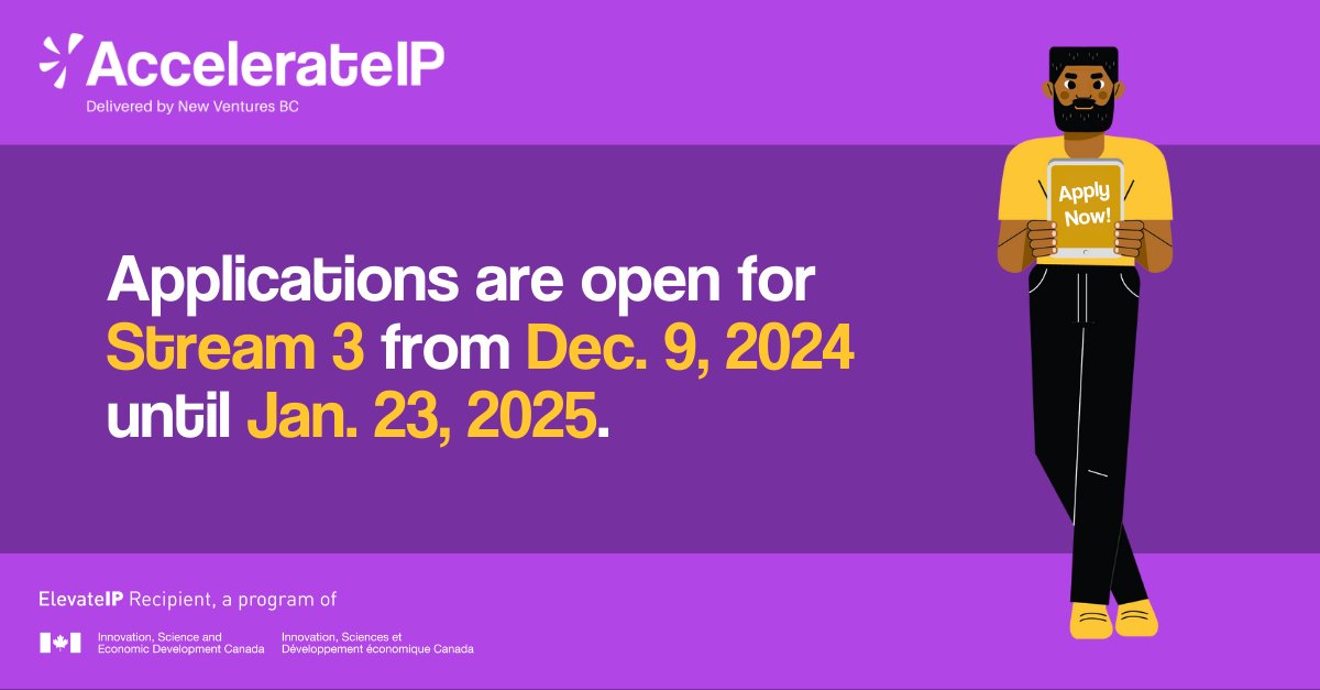 Applications for AccelerateIP Stream 3 are open until January 23, 2025! 💡

👉 Learn more about program details and eligibility: ow.ly/bywx50UpugG

📌 Apply Here: ow.ly/4tFJ50UpugF

#AccelerateIP