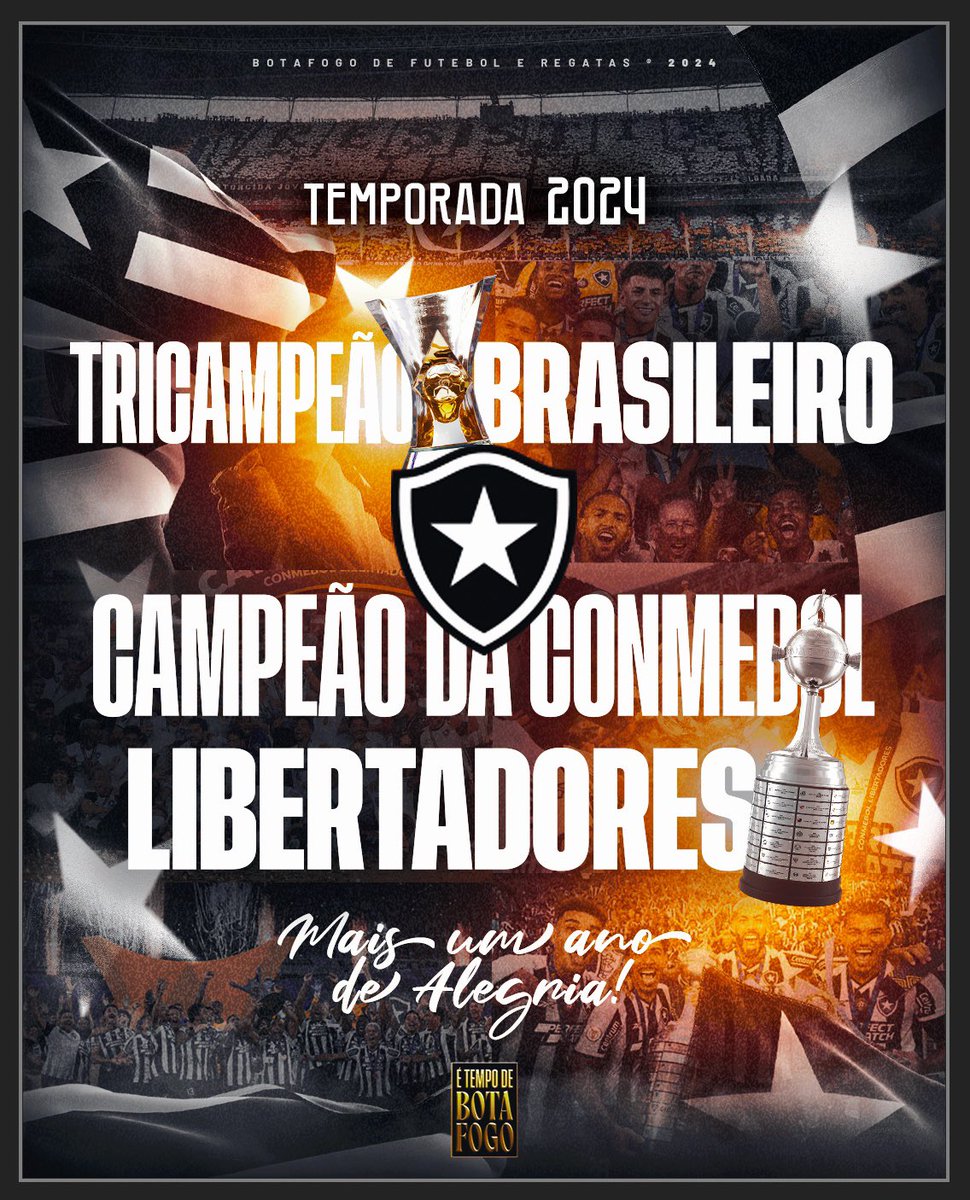 Botafogo's tweet photo. Fim de uma temporada incrível, vitoriosa e inesquecível. Campeões da Libertadores e do Brasileirão com apoio incondicional, vibrações e carinho de toda a Família Botafogo espalhada pelo mundo. 🔥🌟 #TEMPODEBOTAFOGO https://t.co/lh8WSRMe4e