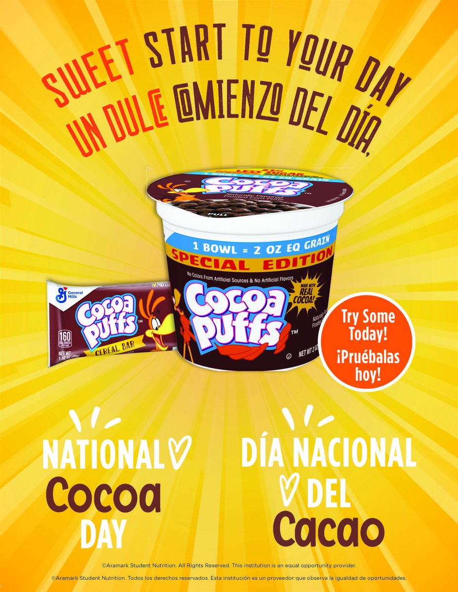 wolfsxing308's tweet photo. Elementary schools will celebrate Cocoa Day on 12/13 with a special Whole Grain Chocolate Glazed Donut Ring topped with Cocoa Puffs for breakfast
See you in the cafeteria for breakfast! https://t.co/LhSen5shVM