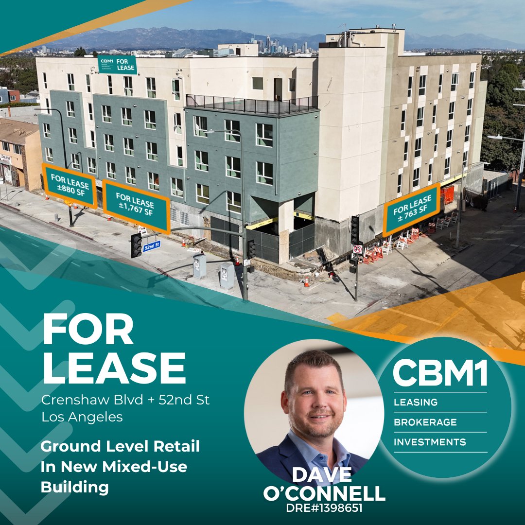 Ground floor retail spaces for lease in a new mixed-use development at Crenshaw Blvd + 52nd St in prime Los Angeles. #cbm1 #cre #retailleasing #retailrealestate #newconstruction #mixedusedevelopment #streetretail #crenshawboulevard #52ndstreet #losangeles