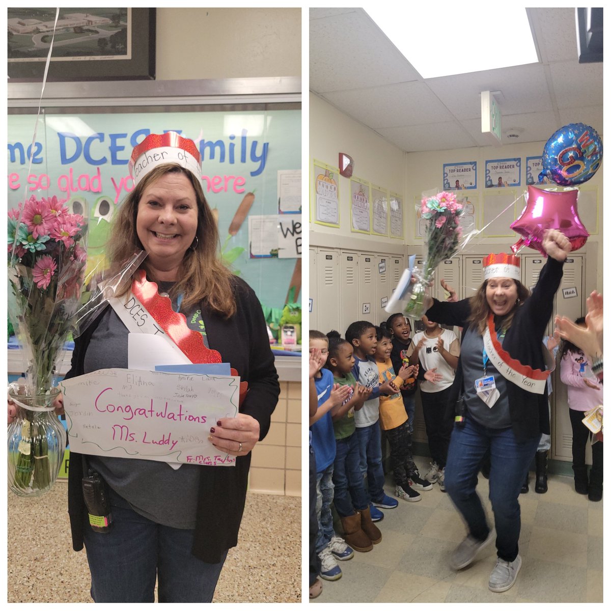 DCESBCPS's tweet photo. Today we celebrated the DCES Teacher of the Year, Mrs. Luddy, with a surprise parade!!! We are so lucky that Mrs. Luddy has dedicated all 28 years of her teaching career to the #DCESFAMILY! WE ❤️ YOU MRS.LUDDY! @Swindy1615 https://t.co/GUHzko15Mo