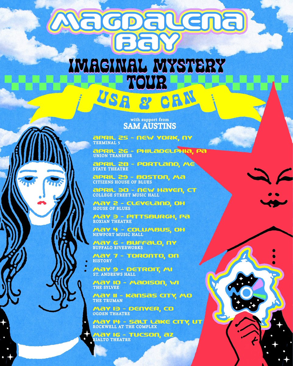 Magdalena Bay (@magdalenabay) on Twitter photo IMAGINAL MYSTERY TOUR REIMAGINED! Weโll be in some new cities + back bigger ๐ช and better ๐ซก in some others ๐ฟ with support from <a href="/samaustins/">Sam austins</a> ๐
Sign up on imaginaldisk.world/tour for the presale starting at 10am local tomorrow.. general onsale Friday at 10am IMAGINAL MYSTERY TOUR REIMAGINED! Weโll be in some new cities + back bigger ๐ช and better ๐ซก in some others ๐ฟ with support from <a href="/samaustins/">Sam austins</a> ๐
Sign up on imaginaldisk.world/tour for the presale starting at 10am local tomorrow.. general onsale Friday at 10am