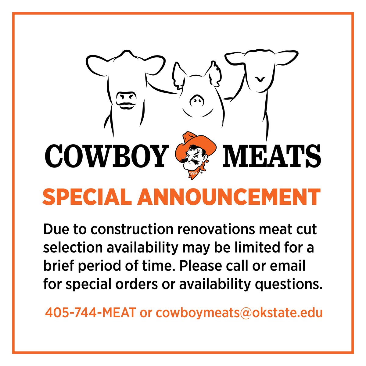 Due to construction renovations, meat-cut selection may be temporarily limited. Call or email for special orders or questions about availability. Cowboy Meats last day of 2024 is Dec. 20, and reopen on Jan. 10!

Cowboy Meats at Dock 4, Fridays 1-5 p.m.
405-744-MEAT

#cowboymeats