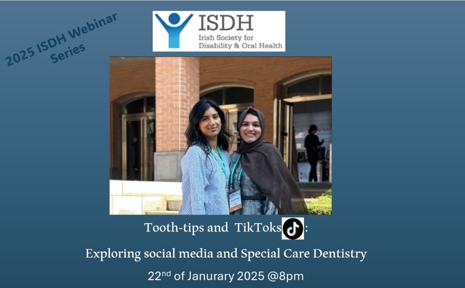 We are excited to announce our 1st webinar of 2025 will take place on the 22nd of January @ 8pm titled : Tooth-tips and TikToks: Exploring social media and Special Care Dentistry."  presented by Dr. Kiren Kauser and Dr. Ayman Dhanji 💙  #isdh #specialcaredentistry #isdhwebinar