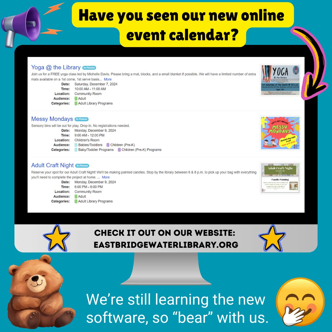 eblibraryma's tweet photo. Head to our website to check out our new online events calendar! https://t.co/qM6bZzXL48 https://t.co/sS9bD2tvMN