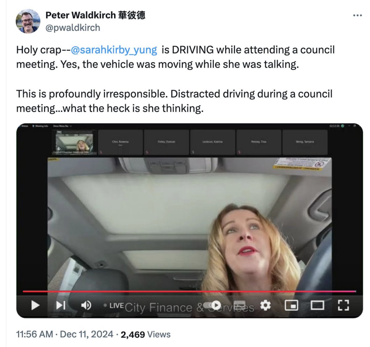 Lidsville's tweet photo. The ABC-led Vancouver City Council is chaotic &amp; unserious. Mayor Ken Sim wandering in &amp; out of Council during votes eating a sandwich. Now Kirby-Yung��who's married to an ex-cop BCNDP MLA no less—driving while in council via video.

They think they're above normal codes #vanpoli https://t.co/ZXgZRkPADc