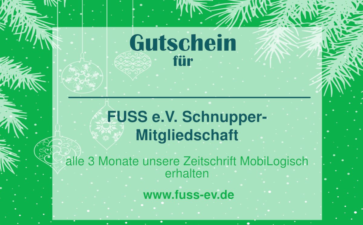Ein Weihnachtsgeschenk, das es noch nie gab: ein Jahr bei <a href="/fussverkehr_de/">@Fussverkehr.bsky.social</a>! Eine Schnuppermitgliedschaft könnt Ihr für zwölf Euro verschenken. Vier Hefte unseres Fachblatts "mobilogisch" sind inbegriffen. Hier der Weg zum Gutschein fuss-ev.de/?view=article&…