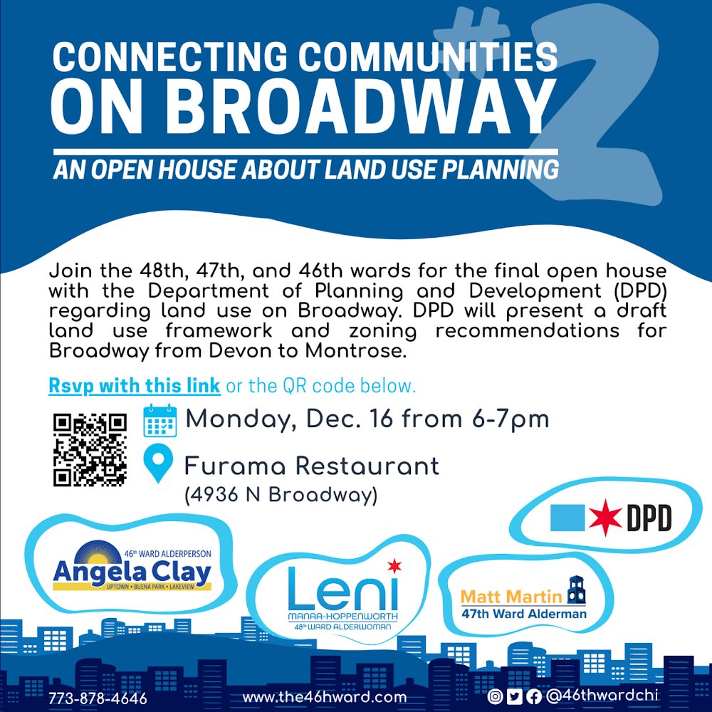 Alderwoman Angela Clay (@46thwardchi) on Twitter photo Join us Monday for a Community Planning Open House with 47th & 48th Wards, <a href="/ChicagoDPD/">Chicago DPD</a>, and Uptown & Edgewater Chambers to discuss a land use plan for Broadway (Montrose to Devon). DPD will share draft zoning & development plans tied to the Red & Purple Modernization. Join us Monday for a Community Planning Open House with 47th & 48th Wards, <a href="/ChicagoDPD/">Chicago DPD</a>, and Uptown & Edgewater Chambers to discuss a land use plan for Broadway (Montrose to Devon). DPD will share draft zoning & development plans tied to the Red & Purple Modernization.