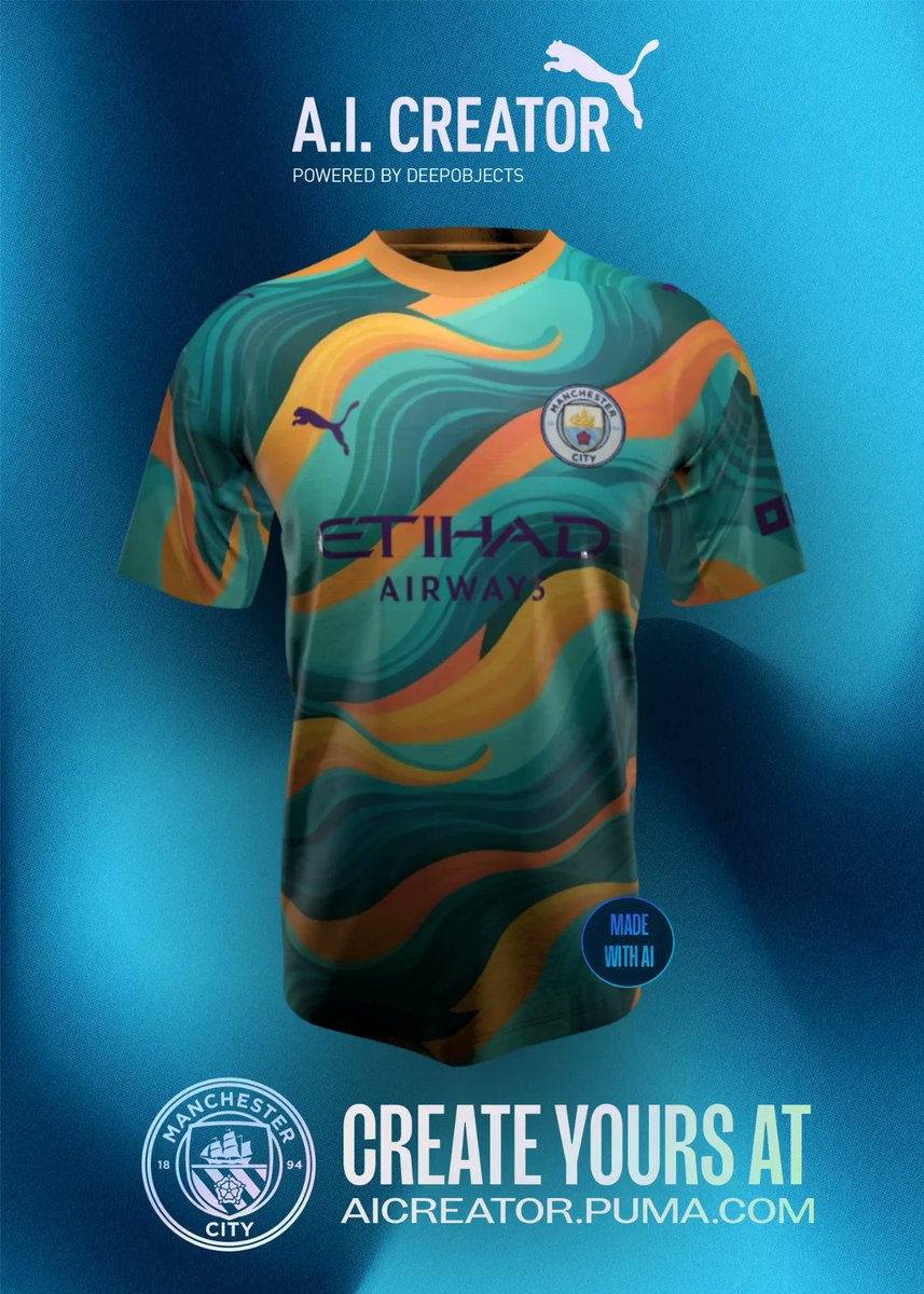 snazzy_snazz's tweet photo. Using @DeepObjects AI to design the next @ManCity kit is like playing FIFA on easy mode: even when I mess up, it’s still a masterpiece (...kind of, not really, more like something my mom would put on the fridge). 🎮⚽ Can’t wait to see it on the pitch! #DEEPOBJECTS #AICREATOR https://t.co/enamH0WDmU