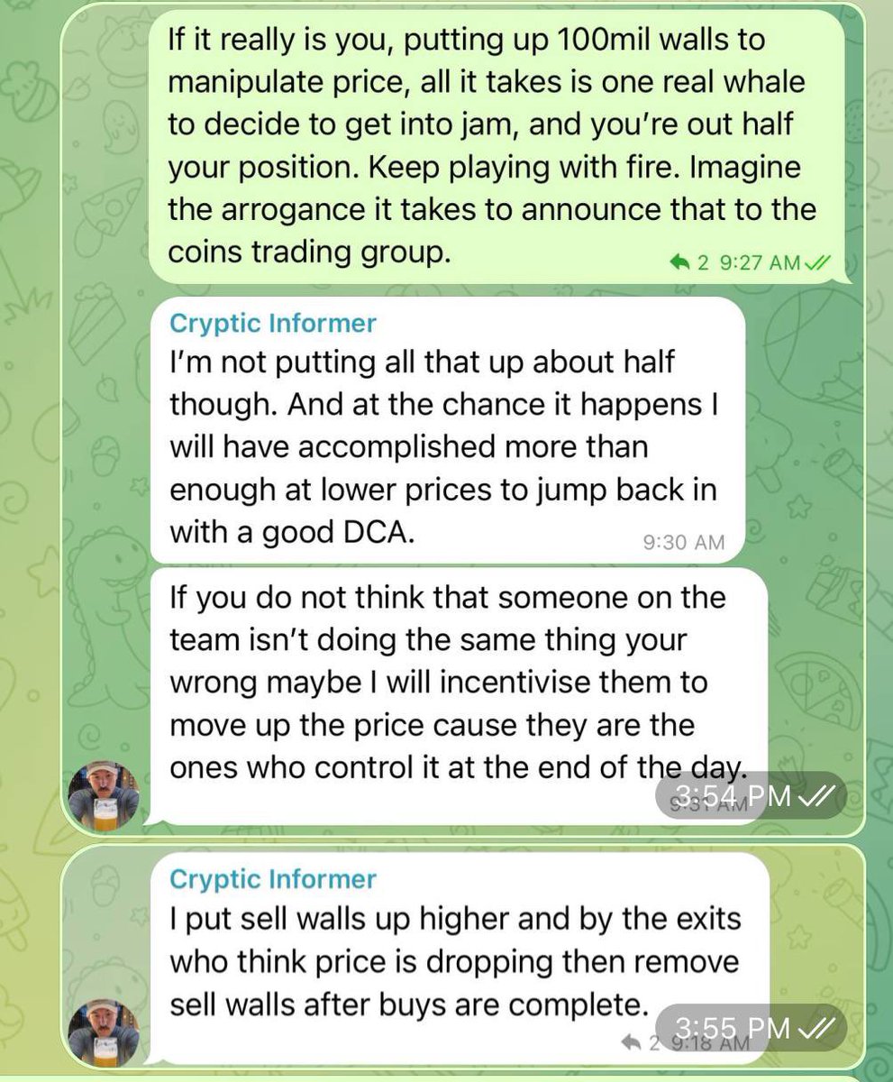 TheBullRun2021's tweet photo. Some other proof... @CrypticInfo4U literally joins the chat admits this type of 💩…manipulating prices dumping on regular people and expects that he’s gonna be liked in the price group chat then is shocked that he ends up banned…

$JAM https://t.co/O3PBS9KIeI