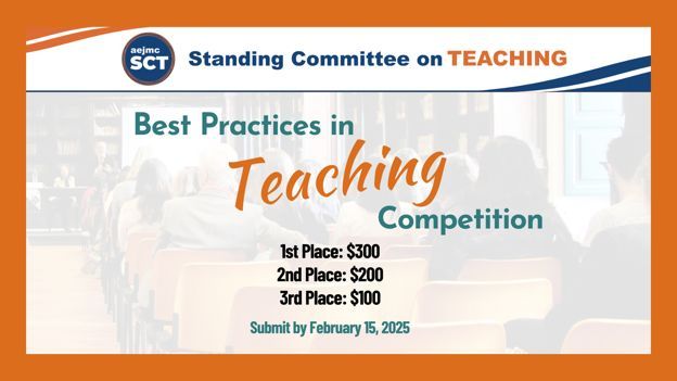 🚨Deadline alert 🚨 Don't miss the chance to enter the 20th Annual AEJMC Teaching Excellence Competition! The deadline is February 15, 2025. Get more details here: buff.ly/3VzASTf 
#AEJMC #TeachingExcellence