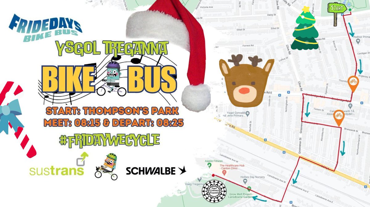 BIKE BUS: Looking forward to joining <a href="/YsgolTreganna/">Ysgol Treganna</a> for their festive themed <a href="/fridedaysbb/">FRideDays Bike Bus</a> #BikeBus! I’ll be bringing the tunes to let Santa know we’re cycling to school! 🚲🎶☃️🎄🎅🏻🙌🏻 #FridayWeCycle 

📅 FRIDAY 13TH DECEMBER
📍Start: Thompson’s Park
⏰ Meet: 08:15 - Depart: 08:25