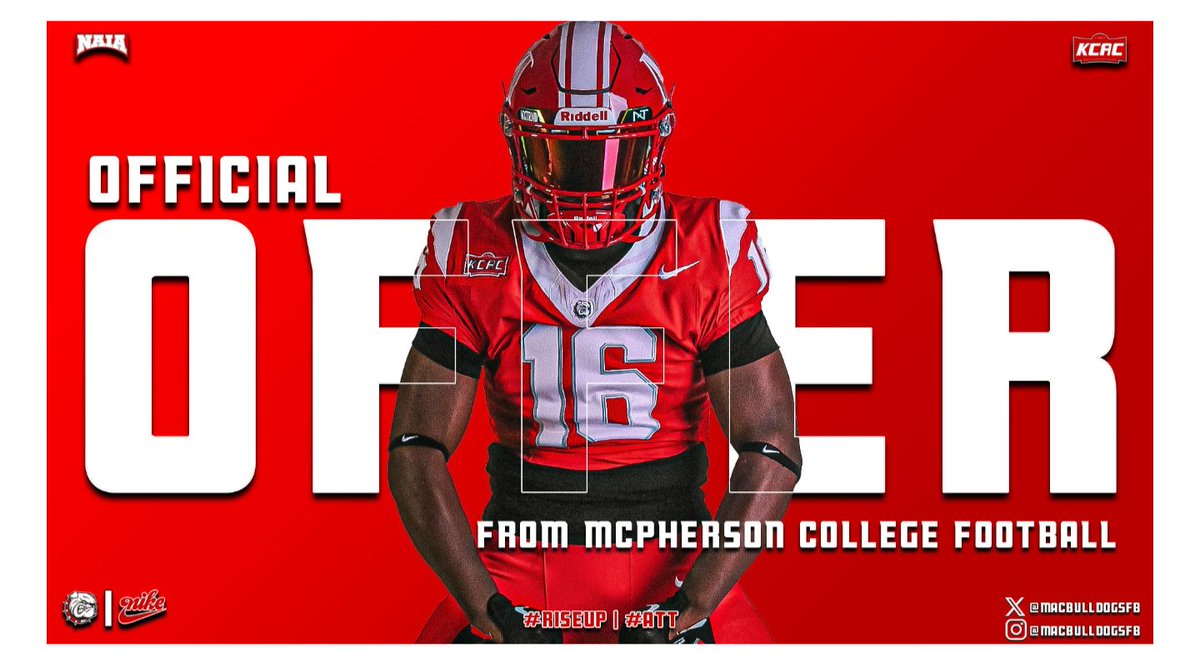 I am excited to announce that I have received my first official offer to play football at the collegiate level <a href="/MACBulldogsFB/">McPherson Football</a> . Thank you to <a href="/JoshPisik/">Coach Pisik</a> and the rest of the Bulldog coaching staff for this opportunity. #GoBulldogs #AGTG 

<a href="/TigerFootballBK/">FHHS Tiger Football</a> <a href="/jared_valluzzi/">Jared Valluzzi</a>