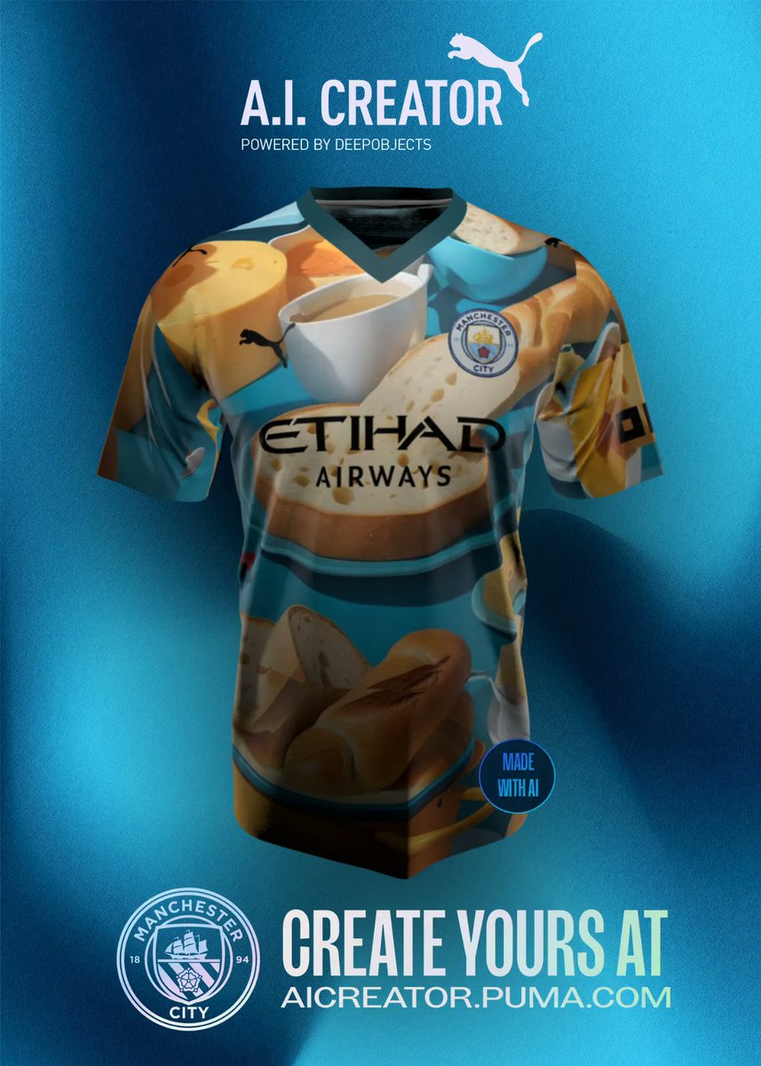 snazzy_snazz's tweet photo. Designing a football kit for @ManCity is tough. Do I go classy? Bold? Add flames? A tiger? Or just let the @DeepObjects AI tool save me from my indecision? 🔥⚽ #DEEPOBJECTS #AICREATOR https://t.co/0KQaTLCmAB