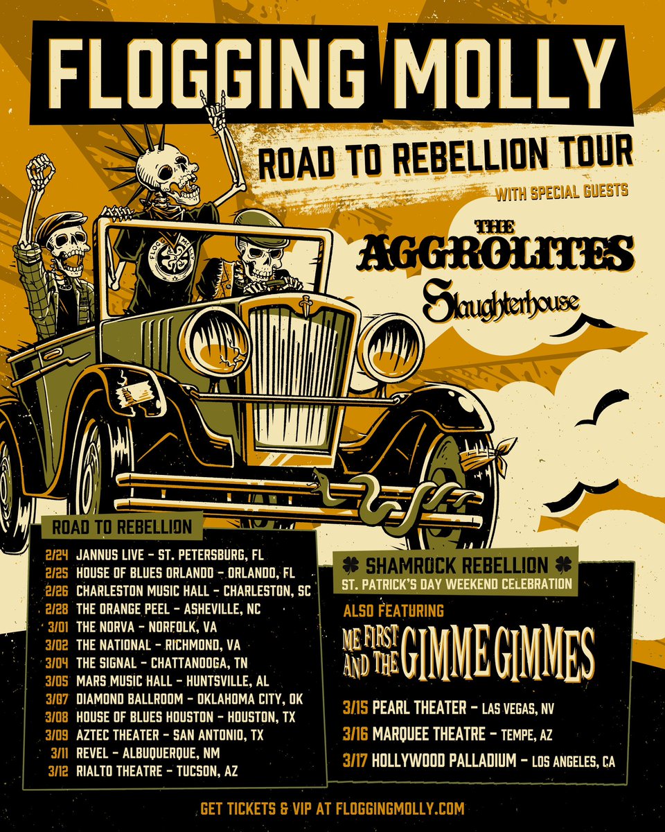 Flogging Molly (@floggingmolly) on Twitter photo Presale is live NOW for our Road To Rebellion Tour with <a href="/AggrolitesOG/">TheAggrolitesOG</a> & Slaughterhouse PLUS <a href="/GimmeGimmeDivas/">Spike And The Gimme Gimmes</a> at our Shamrock Rebellion shows! 🍻
Use code “REBELLION” for access at floggingmolly.com Presale is live NOW for our Road To Rebellion Tour with <a href="/AggrolitesOG/">TheAggrolitesOG</a> & Slaughterhouse PLUS <a href="/GimmeGimmeDivas/">Spike And The Gimme Gimmes</a> at our Shamrock Rebellion shows! 🍻
Use code “REBELLION” for access at floggingmolly.com