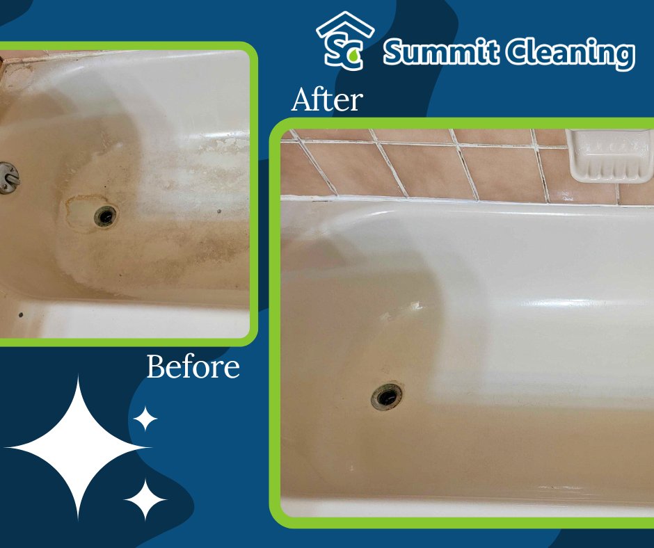 SummitCleanning's tweet image. ✨ Tub Transformation! ✨

🛁 Before: Soap scum &amp;amp; grime galore.
✨ After: Sparkling clean &amp;amp; ready for relaxation!

At Summit Cleaning, we tackle the tough stuff so you can enjoy your home again. 💪

📅 Book your cleaning today! #SummitCleaning #CleanSpaces